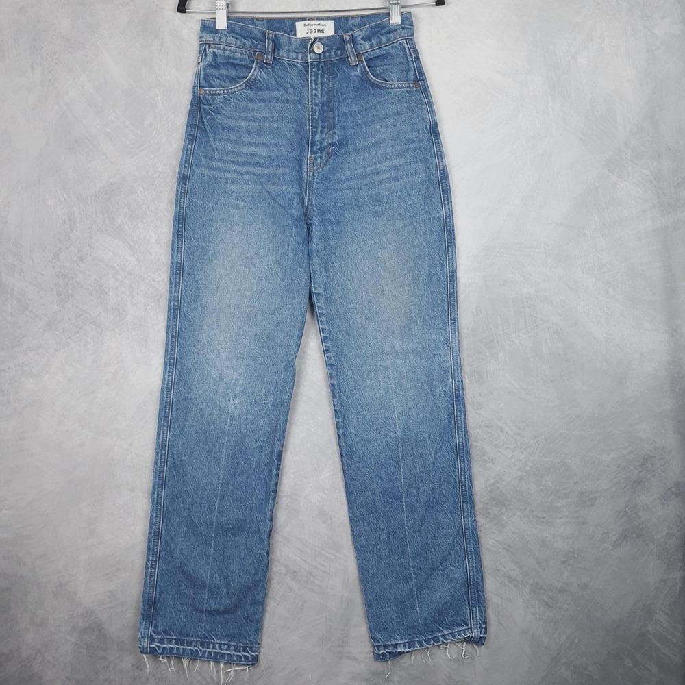 Reformation Jeans Womens 26 Blue Medium Wash Cowboy High Rise Straight Raw Hem